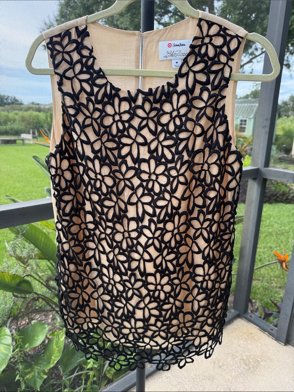 Lila Rose Black Floral Appliqué Camisole over Nude
